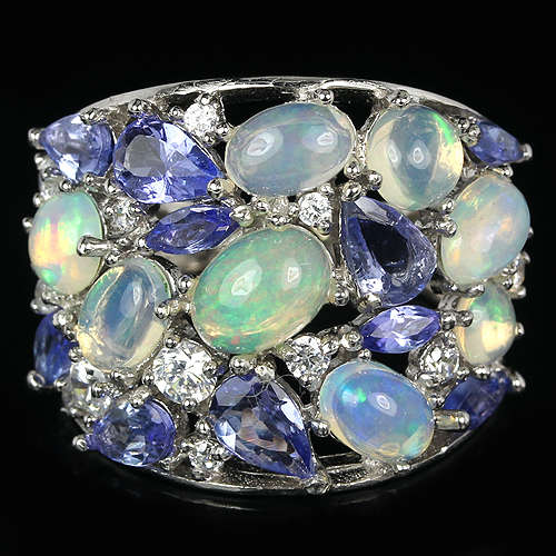 ***IN STOCK***REAL STONES!!!*** MULTI COLOR OPAL, BLUE TANZANITE  925 SILVER RING 7.25