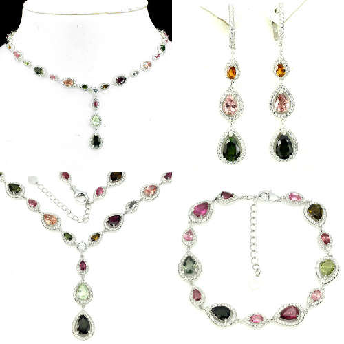 ***IN STOCK***REAL STONES!!!*** TOURMALINE STERLING 925 SILVER NECKLACE, BRACELET AND EARRINGS SET