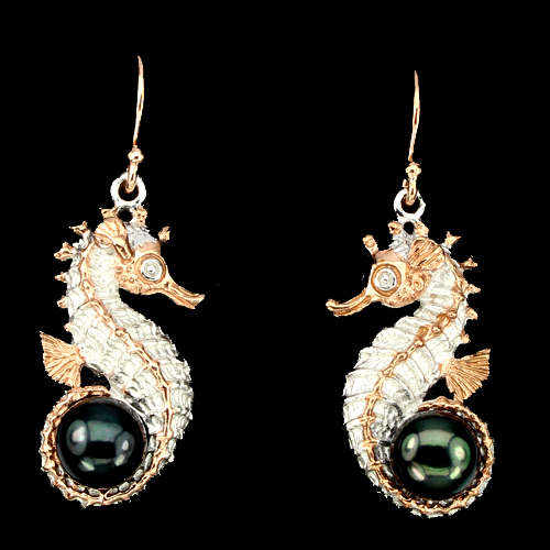 **IN STOCK!!**REAL GEMSTONES!!** BLACK TAHITAN COLOR PEARL 2-TONE STERLING 925 SILVER SEAHORSE EARRI