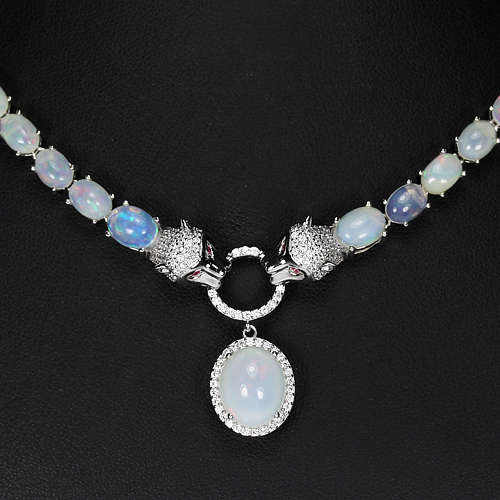 **IN STOCK!!**REAL GEMSTONES!!** RAINBOW OPAL STERLING 925 SILVER PAIR TIGER NECKLACE 18.5