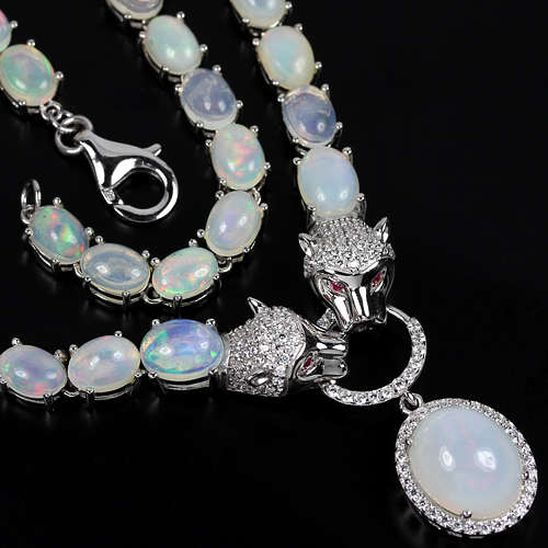 **IN STOCK!!**REAL GEMSTONES!!** RAINBOW OPAL STERLING 925 SILVER PAIR TIGER NECKLACE 18.5