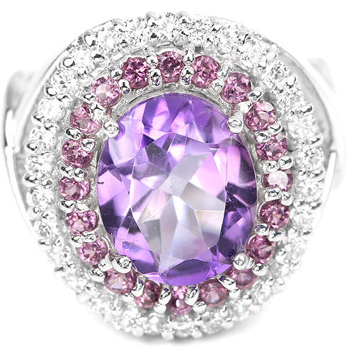 **IN STOCK!!**REAL GEMSTONES!!** PURPLE AMETHYST,RHODOLITE GARNET STERLING 925 SILVER RING 7.75