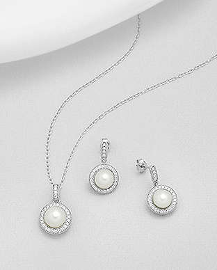 "IN STOCK!!"  Solid 925 Sterling Silver earring and pendant set with real pearls