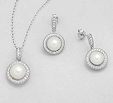 "IN STOCK!!"  Solid 925 Sterling Silver earring and pendant set with real pearls