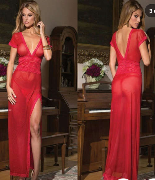 ***IN STOCK!!!***Sexy Long Night Gown Red Transparent Sheer Mesh Night Dress Erotic Long Lingerie