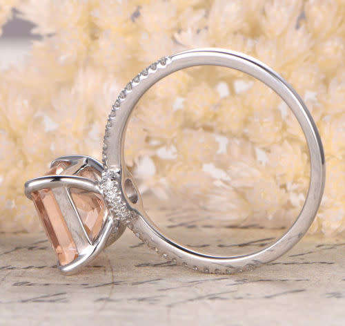 14K White Gold 8mm Princess Cut Morganite Wedding Anniversary Pave Diamonds Ring