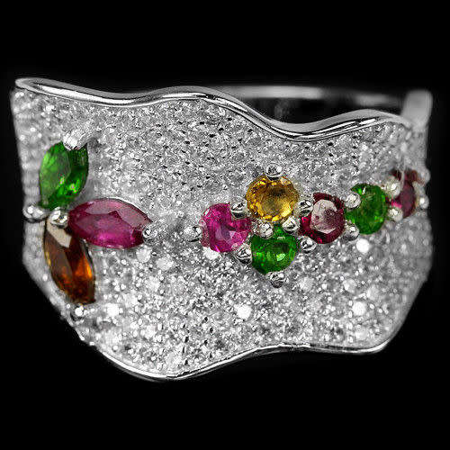 "IN STOCK"  MULTI COLOR TOURMALINE STERLING 925 SILVER FLOWER RING 8