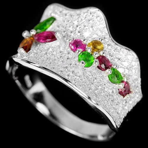 "IN STOCK"  MULTI COLOR TOURMALINE STERLING 925 SILVER FLOWER RING 8