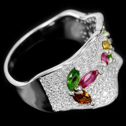 "IN STOCK"  MULTI COLOR TOURMALINE STERLING 925 SILVER FLOWER RING 8