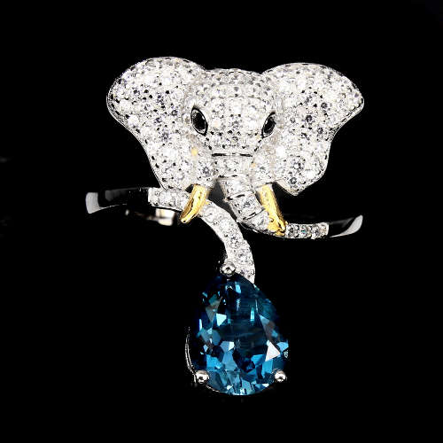 "IN STOCK"  London Blue Topaz Black Spinel 925 Sterling Silver Elephant Ring Sz 9