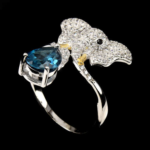 "IN STOCK"  London Blue Topaz Black Spinel 925 Sterling Silver Elephant Ring Sz 9