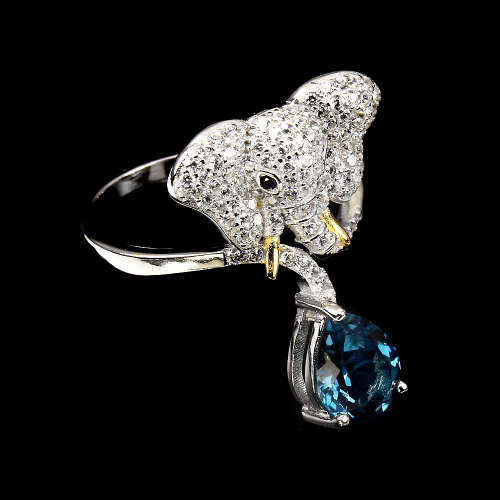 "IN STOCK"  London Blue Topaz Black Spinel 925 Sterling Silver Elephant Ring Sz 9