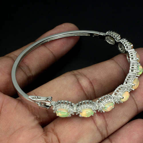 "IN STOCK"  Oval 6x4mm Rainbow Full Flash Fire Opal 925 Sterling Silver Bangle