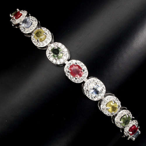 "IN STOCK" Oval Cut 5x4mm Fancy Sapphire 925 Sterling Silver Bracelet 7.5
