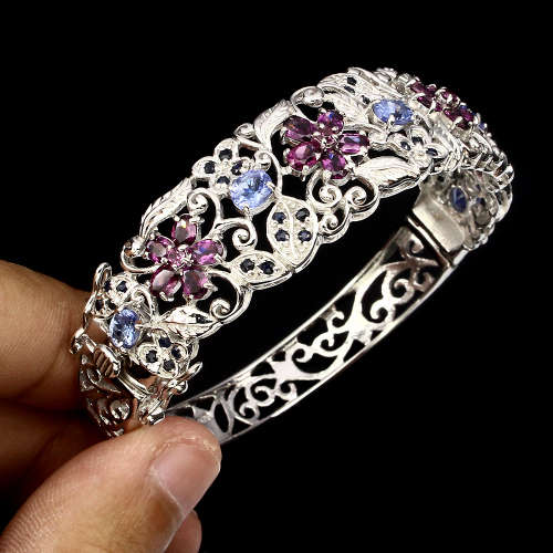 "IN STOCK" Oval Cut 5x4mm Tanzanite Garnet Sapphire 925 Sterling Silver Bangle
