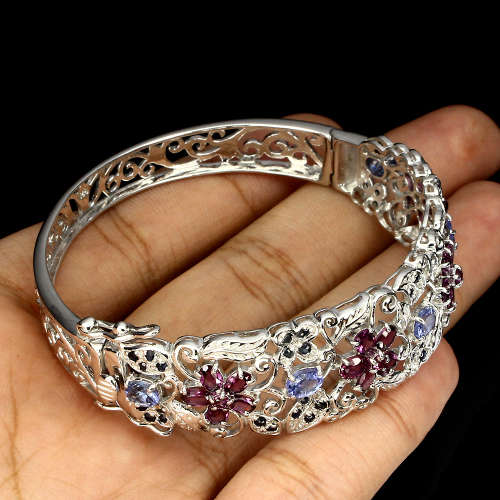 "IN STOCK" Oval Cut 5x4mm Tanzanite Garnet Sapphire 925 Sterling Silver Bangle