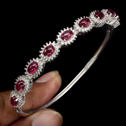 "IN STOCK" Oval 6x4mm Top Rich Red Pink Ruby 925 Sterling Silver Bangle 2.1