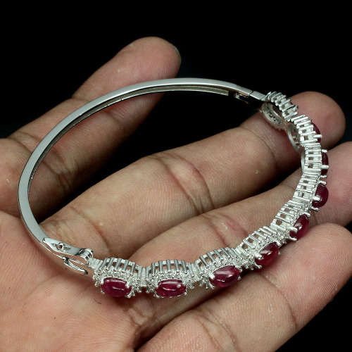 "IN STOCK" Oval 6x4mm Top Rich Red Pink Ruby 925 Sterling Silver Bangle 2.1