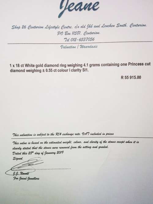 "IN STOCK"   "CERTIFIED VALUE R55 900!!!"  Genuine 18K WHITE Gold 0.55ct diamond engagement ring