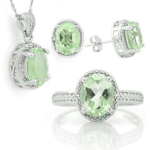 ***IN STOCK***REAL STONES!!!*** 6 2/5 CARAT GREEN AMETHYST & DIAMOND 925 STERLING SILVER SET