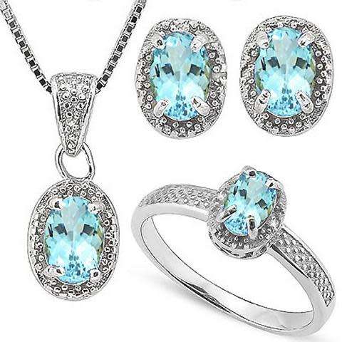 Genuine Baby Swiss Blue Topaz & Diamond Sterling Silver Set