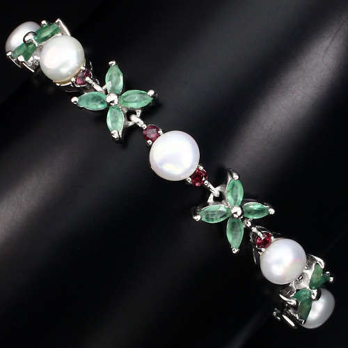 ***IN STOCK!!***REAL GEMSTONES***Emerald Pearl Rhodolite Garnet 925 Sterling Silver bracelet