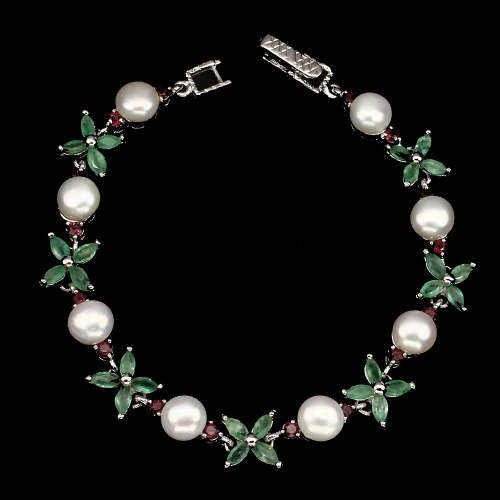 ***IN STOCK!!***REAL GEMSTONES***Emerald Pearl Rhodolite Garnet 925 Sterling Silver bracelet