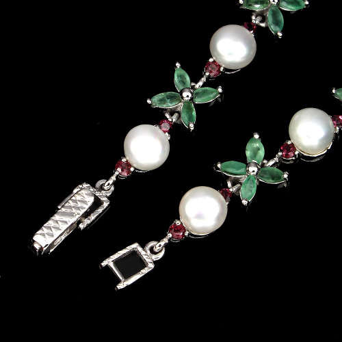 ***IN STOCK!!***REAL GEMSTONES***Emerald Pearl Rhodolite Garnet 925 Sterling Silver bracelet