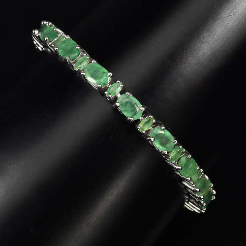 "IN STOCK"  Oval 6x4mm Top Rich Green Real Emerald Brazil 925 Sterling Silver Bracelet
