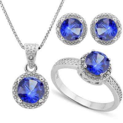 ***IN STOCK***REAL STONES!!!*** 2 3/4 CARAT LAB TANZANITE & DIAMOND 925 STERLING SILVER JEWELRY SET