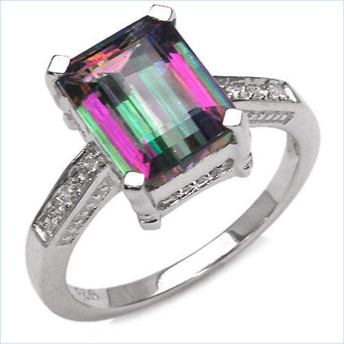 ***R4 480*** 4.79CTW Genuine Mystic Topaz & Diamond .925 Sterling Silver Ring