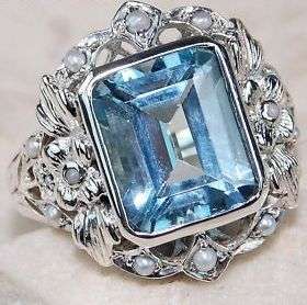 4 carat Aquamarine, Seed Pearl & 925 Solid Sterling Silver filigree ring , size 5.75.