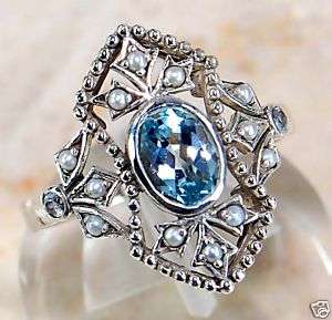 1ct Aquamarine Seed Pearl 925 Silver Filigree Ring 6.75