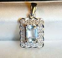 ***R2 900***  9CT WHT GOLD AQUAMARINE & DIAMOND PENDANT