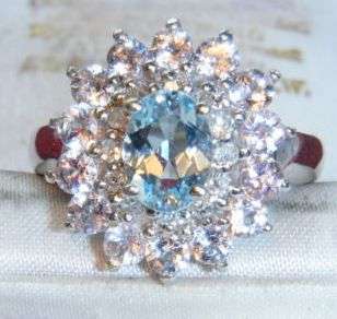 SUPERB 9CT GOLD MORGANITE AQUA & DIAMOND RING SIZE L