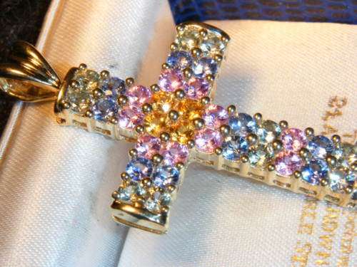 ***R14 200*** HEAVY SOLID 9CT GOLD GENUINE MULTI SAPPHIRE CROSS PENDANT
