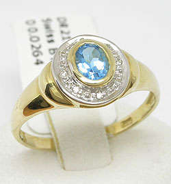 9K Solid YG Genuine Blue Topaz & Diamond Ring
