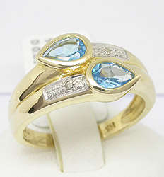 9K Solid YG Genuine Blue Topaz & Diamond Ring