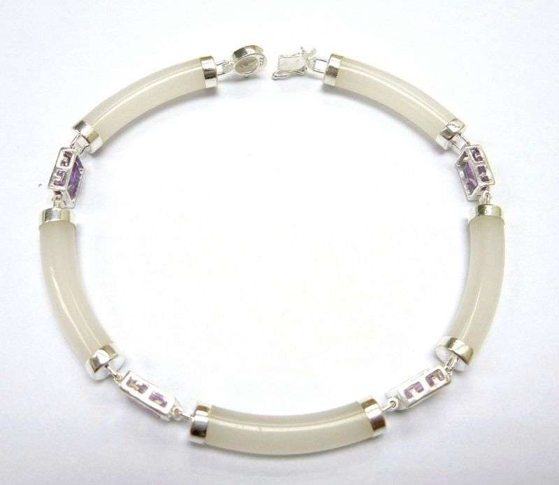 WHITE JADE & GENUINE AMETHYST BRACELET IN 925 STERLING SILVER