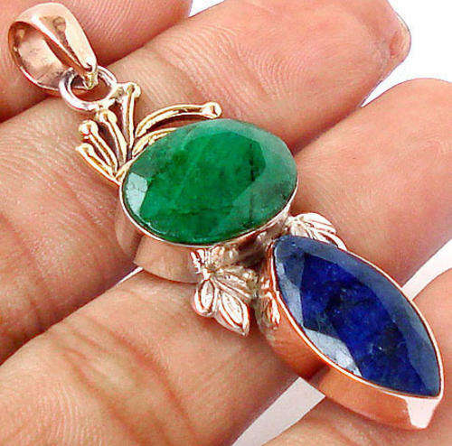 ***R1 800*** VICTORIAN EMERALD SAPPHIRE 925 SILVER PENDANT