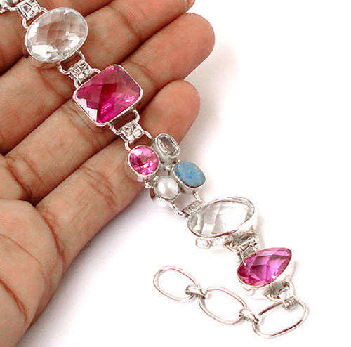 ***R4 200*** KUNZITE WHITE TOPAZ PEARL 925 SILVER BRACELET