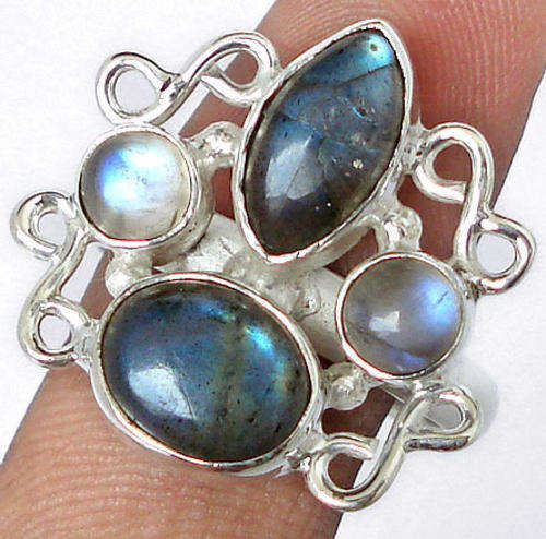 ***MONEY- BACK GUARANTEE*** size 9 BLUE LABRADORITE OVAL PEAR 925 STERLING SILVER CLUSTER ARTISAN RI