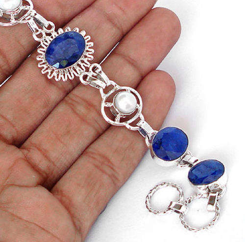 ***MONEY- BACK GUARANTEE*** BLUE SAPPHIRE PEARL 925 STERLING SILVER ARTISAN LINK BRACELET
