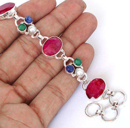 ***MONEY- BACK GUARANTEE*** RED RUBY OVAL SAPPHIRE EMERALD 925 STERLING SILVER BRACELET