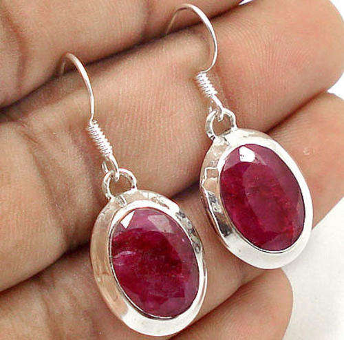 ***R2 100*** 12cts RED RUBY OVAL 925 STERLING SILVER DANGLING ARTISAN EARRINGS