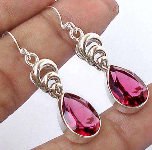 ***MONEY- BACK GUARANTEE*** RED RUBELLITE QUARTZ PEAR 925 STERLING SILVER DANGLING ARTISAN EARRINGS