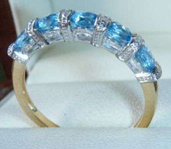 ***MONEY-BACK GUARANTEE***A FINE 9CT YELLOW GOLD BLUE TOPAZ & DIAMOND ETERNTIY RING SIZE O