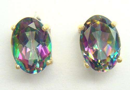 ***BEAUTIFUL AND DAINTY*** GENUINE 9KT YELLOW GOLD OVAL MYSTIC TOPAZ STUD EARRINGS