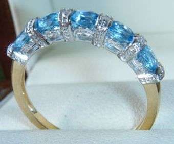 ***MONEY-BACK GUARANTEE*** A FINE 9CT YELLOW GOLD BLUE TOPAZ & DIAMOND ETERNITY RING SIZE O