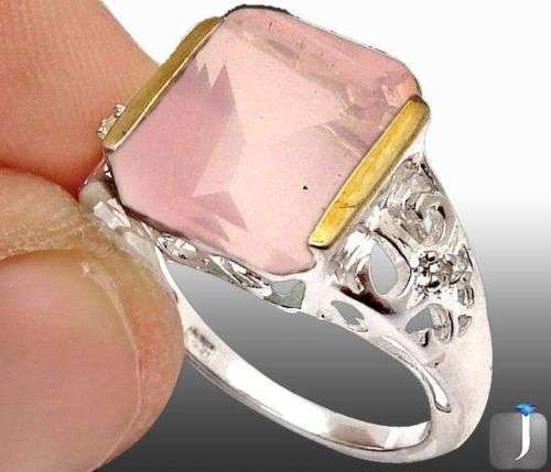 ***MONEY- BACK GUARANTEE*** Sz 7 1/2 MAGICAL DIAMOND ROSE QUARTZ GOLD OVER 925 SILVER ARTISAN RING